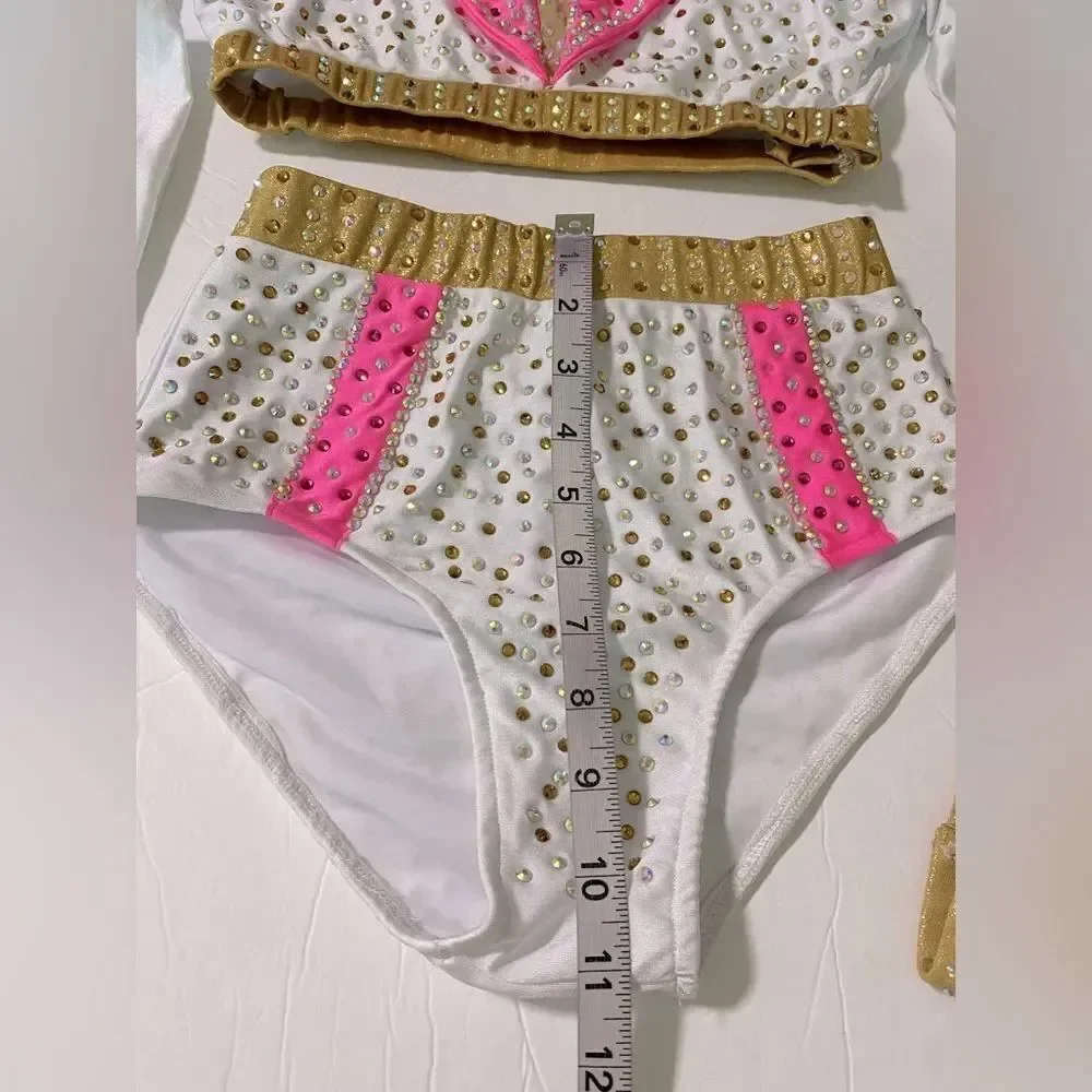 Glamour Solo Dance Costume Elvis 2 Piece White Pink Rhinestoned SA Adult Jazz